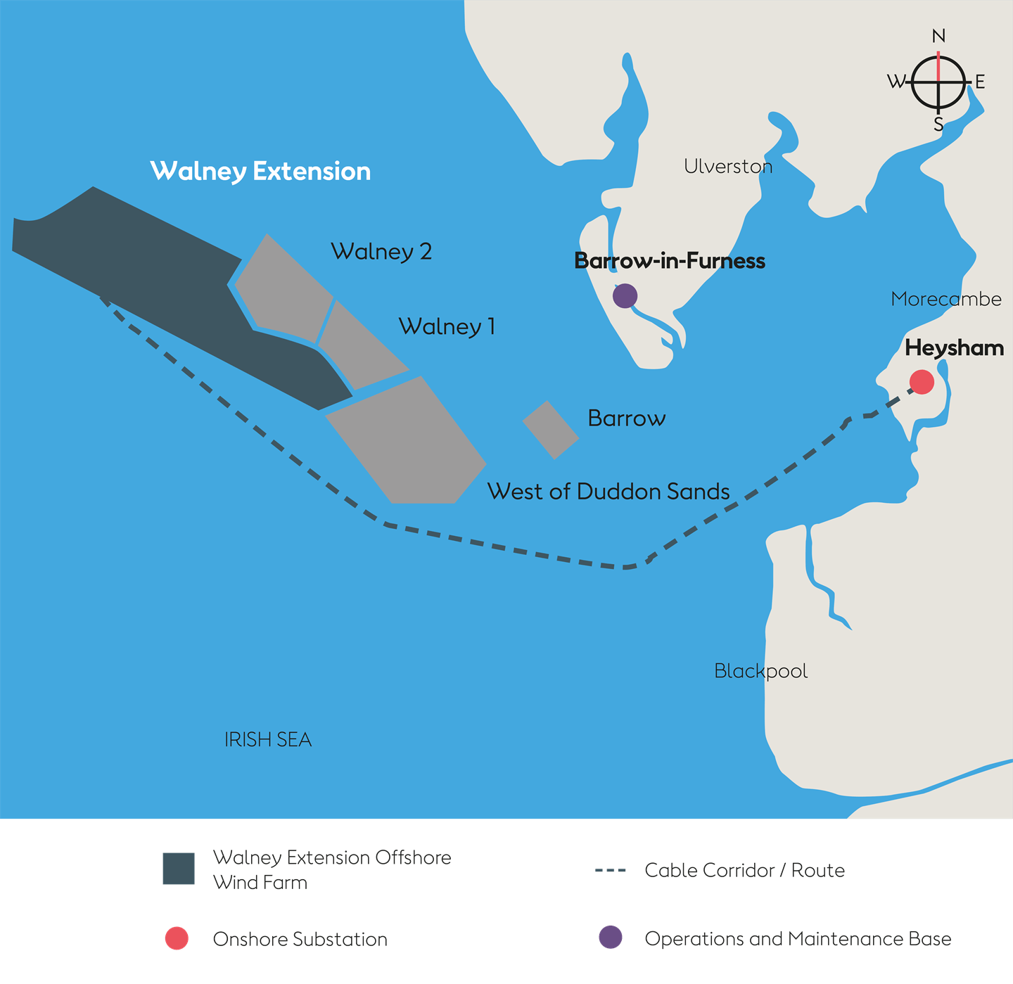 Walney Extension is located about 19 km (11.8 miles) west of Barrow-in-Furness in the Irish Sea.
