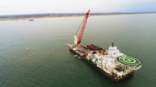 The Tog Mor flat-bottom, anchored barge was designed for shallow-water offshore construction activities.