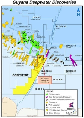 The map, published in August 2022 by CGX Energy, highlights the deepwater discoveries offshore Guyana at the time. The map, published in August 2022 by CGX Energy, highlights the deepwater discoveries offshore Guyana at the time.