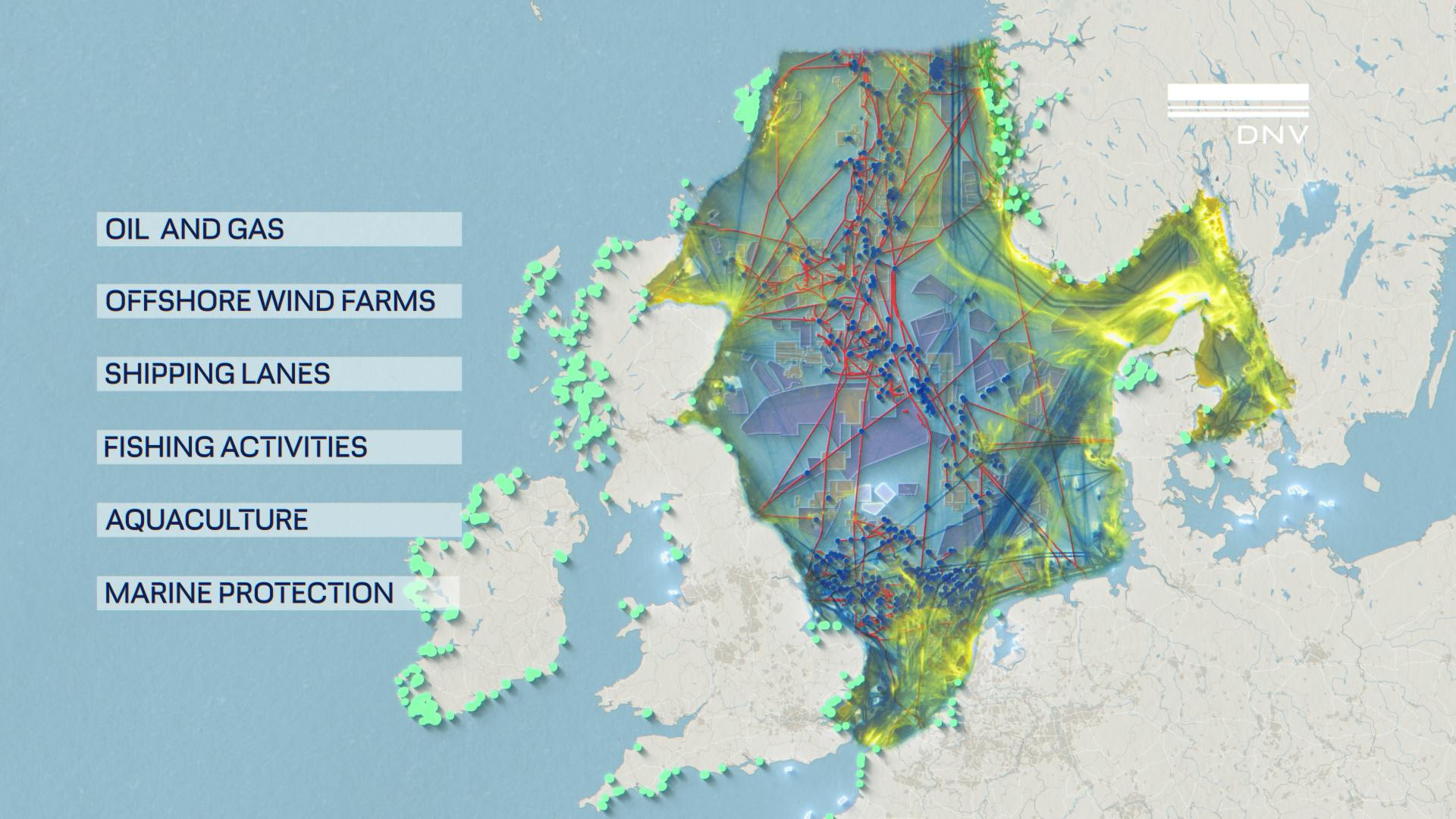 DNV reported that enhanced cross-border collaboration is required to secure North Sea&rsquo;s future. This North Sea basin illustration shows multiple activities combined.