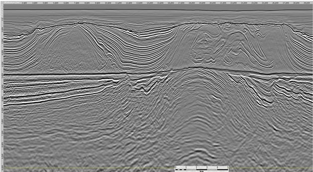 This example depicts the results from DUG MP-FWI imaging of a dataset from offshore Brazil.