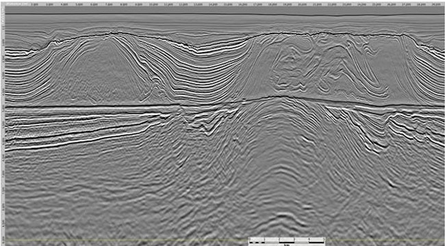 This example depicts the results from DUG MP-FWI imaging of a dataset from offshore Brazil.