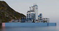 Rendering of the Ocean-Power led floating gas power plant with carbon capture. Rendering of the Ocean-Power led floating gas power plant with carbon capture.