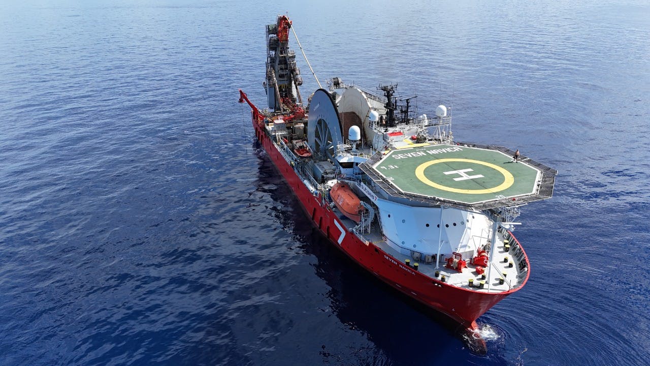 Subsea7 vessel transporting subsea equipment offshore.