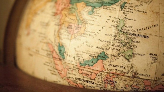 South China Sea reflected on world globe