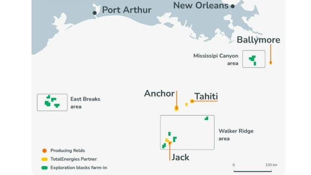 Map of TotalEnergies producing fields in the Gulf of Mexico.
