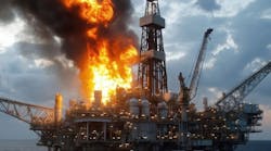 AI-generated image of an offshore rig on fire. AI-generated image of an offshore rig on fire.