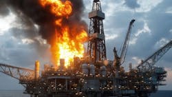 AI-generated image of an offshore rig on fire. AI-generated image of an offshore rig on fire.