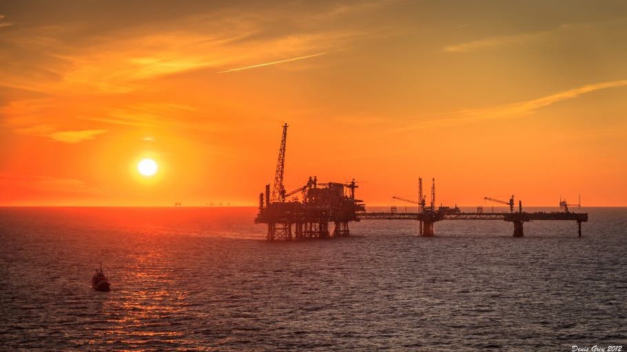 offshore North Sea oil and gas platform during sunset.