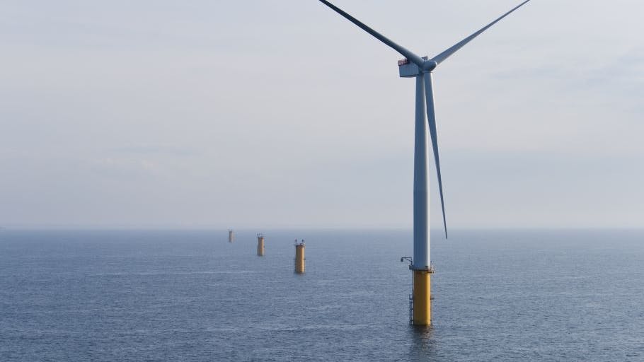 Single Offshore Wind Turbine in a Windfarm under construction off the English Coast, North Sea.