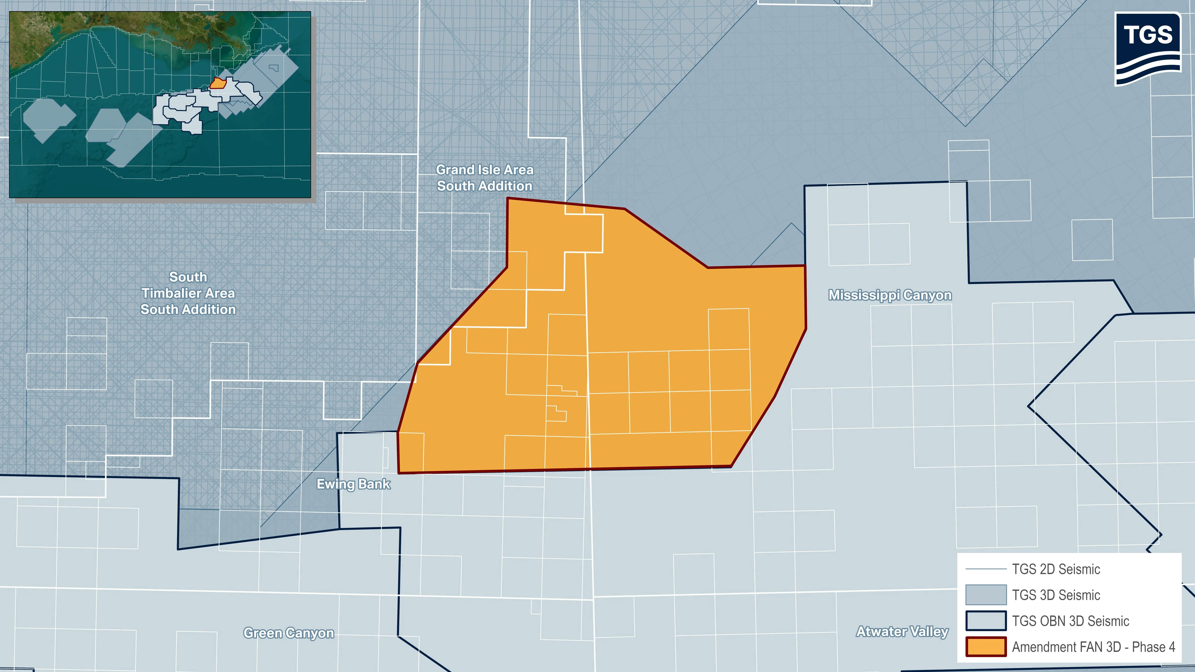 TGS-created Gulf of Mexico map showing seismic surveyed areas.