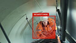 AI device alerts that a worker is not wearing a safety mask. AI device alerts that a worker is not wearing a safety mask.