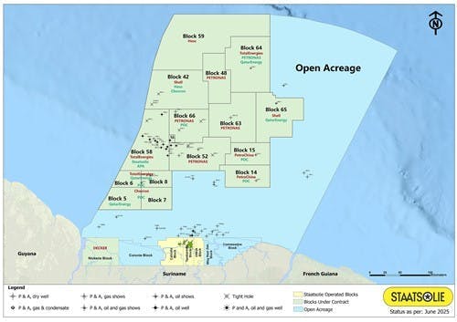 Suriname offshore acreage, blocks and wells map.