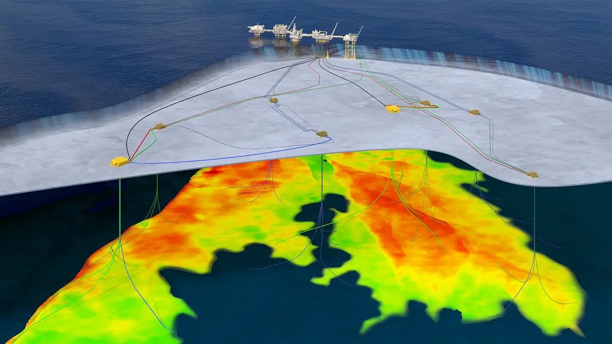 The illustration shows the two new subsea templates (marked in yellow) and the existing infrastructure from phases 1 and 2.