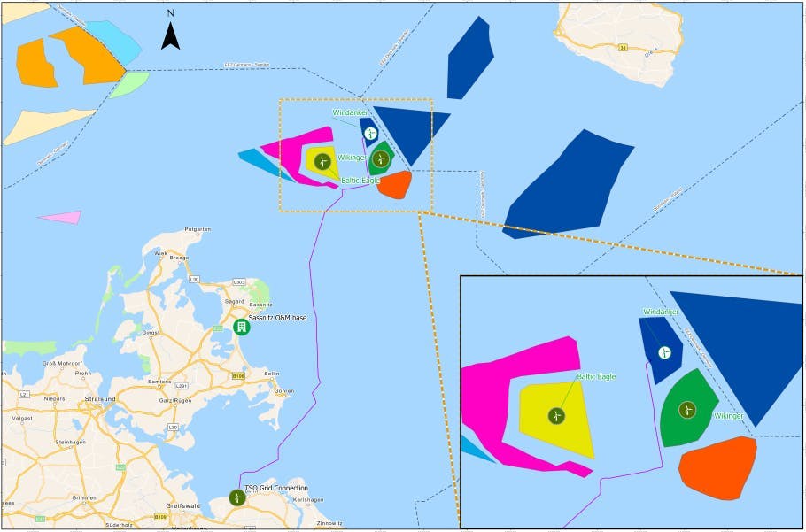 Iberdrola map highlights Baltic Hub offshore wind project areas.