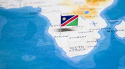 Flag of Namibia on a map of Africa.