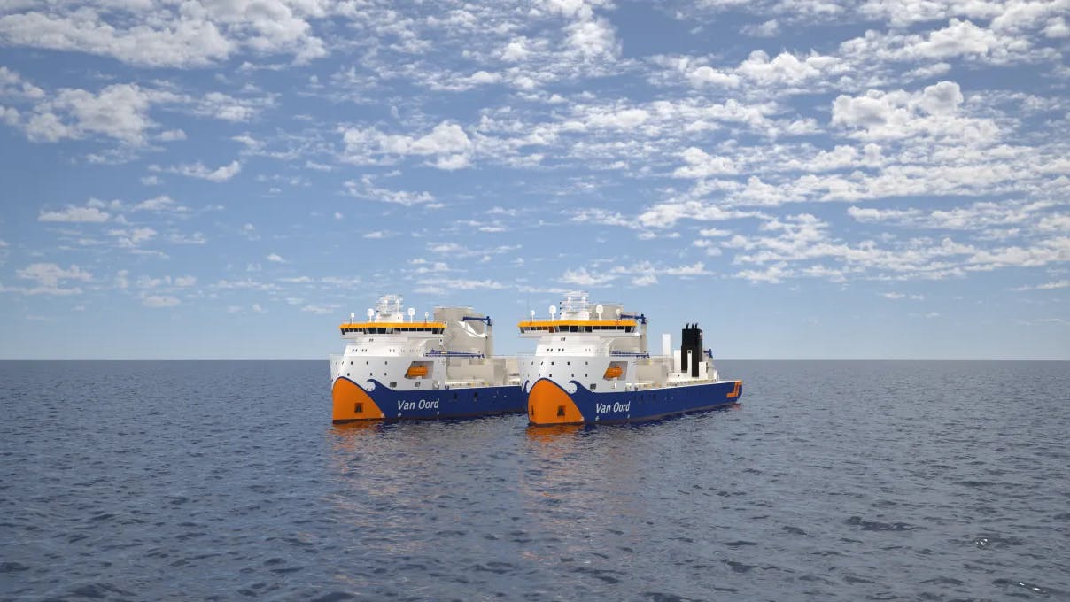 Illustration of two newbuild subsea rock installation vessels.