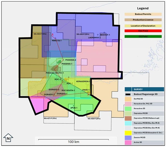 Bedout Mega Merge area of interest with the incorporated 3D seismic datasets