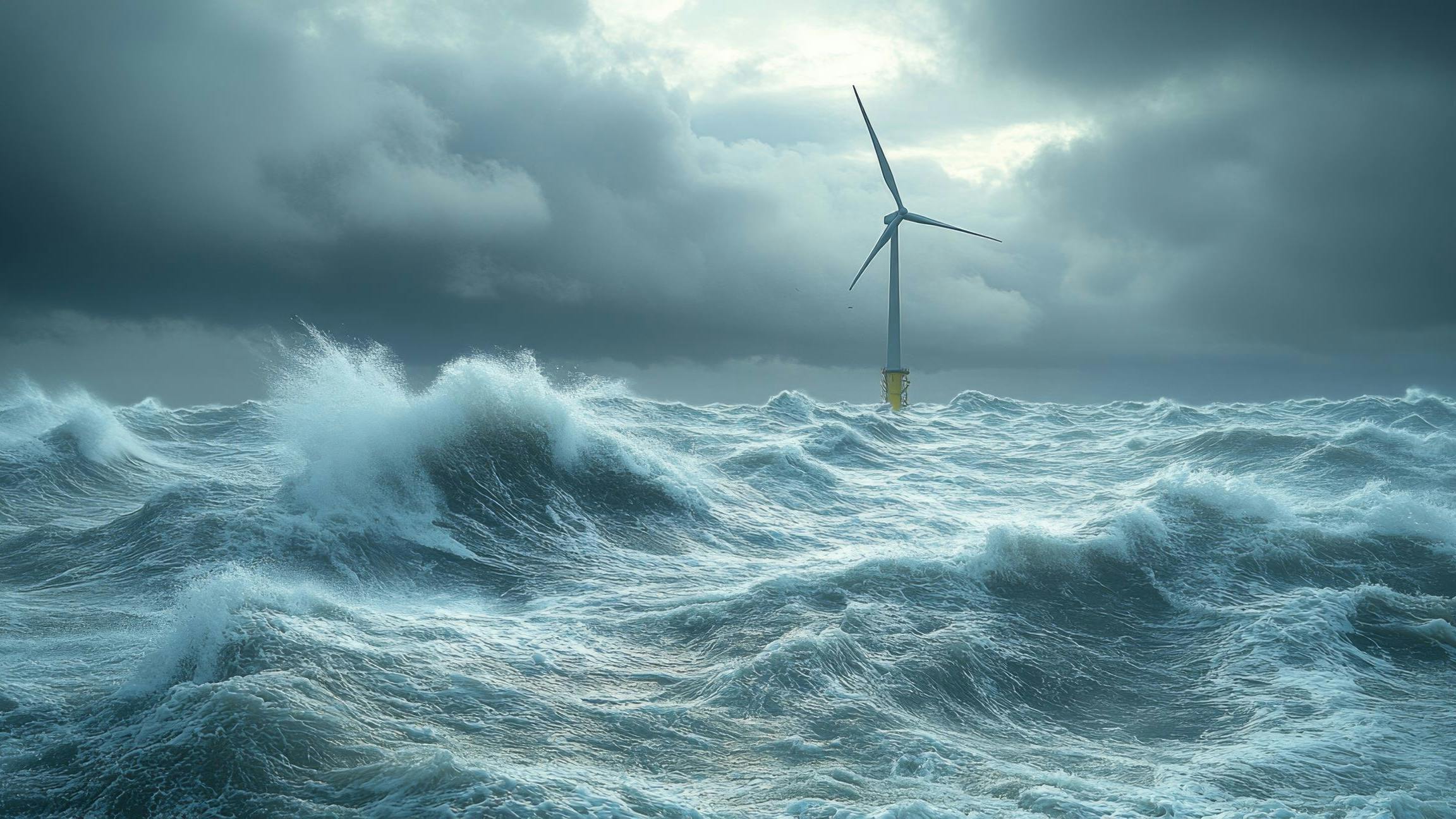 wind turbine stands resilient amidst turbulent ocean waves