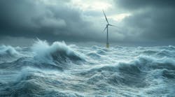 wind turbine stands resilient amidst turbulent ocean waves wind turbine stands resilient amidst turbulent ocean waves