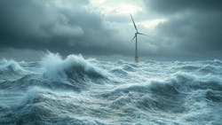wind turbine stands resilient amidst turbulent ocean waves wind turbine stands resilient amidst turbulent ocean waves