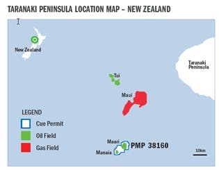 Map of Maari and Manaia oil fields offshore New Zealand