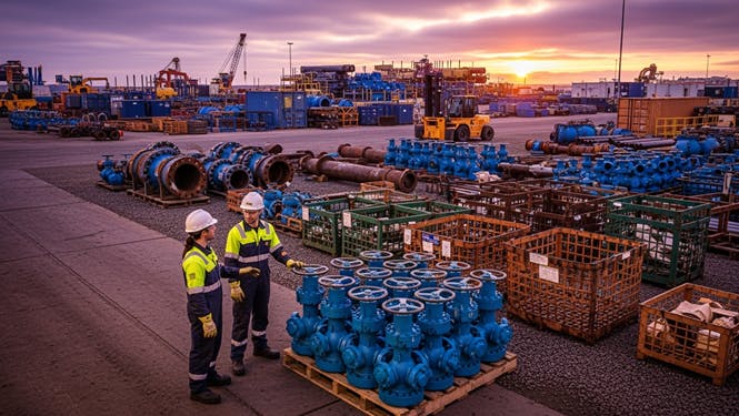 AI-generated image depicts workers prepping oilfield equipment rentals