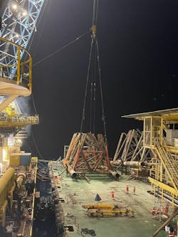 Recovered jacket segments on cargo barge post subsea dismantling and removal by lifting. Recovered jacket segments on cargo barge post subsea dismantling and removal by lifting.