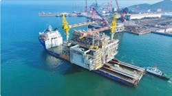 An offshore gas compression platform sails away to become part of the GOSP-4 platform for the Marjan Increment Program. An offshore gas compression platform sails away to become part of the GOSP-4 platform for the Marjan Increment Program.