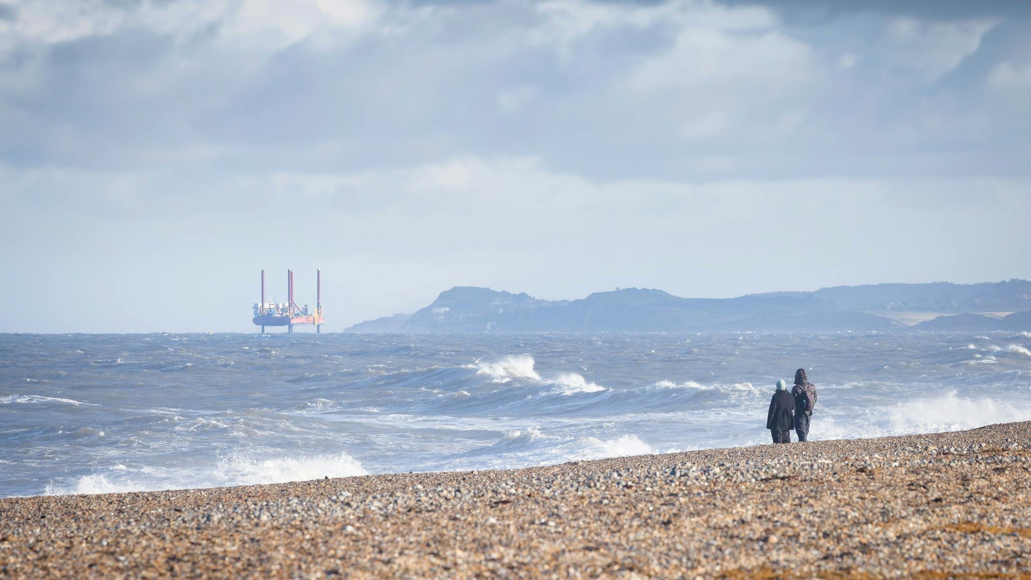 Oil rig in North Sea at Blakeney Point, Norfolk, UK