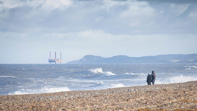 Oil rig in North Sea at Blakeney Point, Norfolk, UK