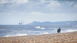 Oil rig in North Sea at Blakeney Point, Norfolk, UK Oil rig in North Sea at Blakeney Point, Norfolk, UK