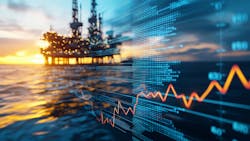 Offshore oil rig at sunset with financial graph overlay Offshore oil rig at sunset with financial graph overlay