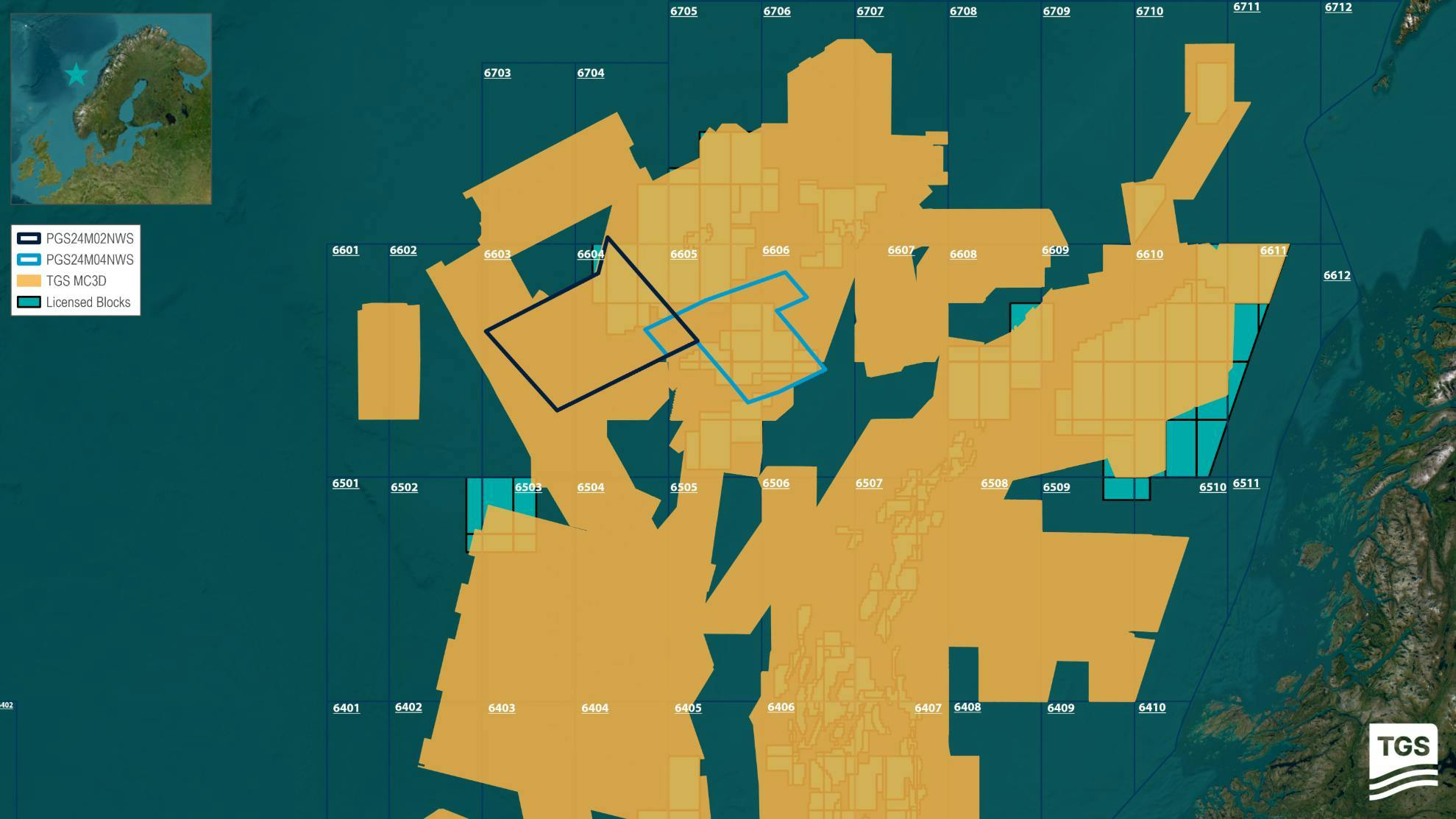 Map of TGS PGS24M02NWS and PGS24M04NWS seismic surveys