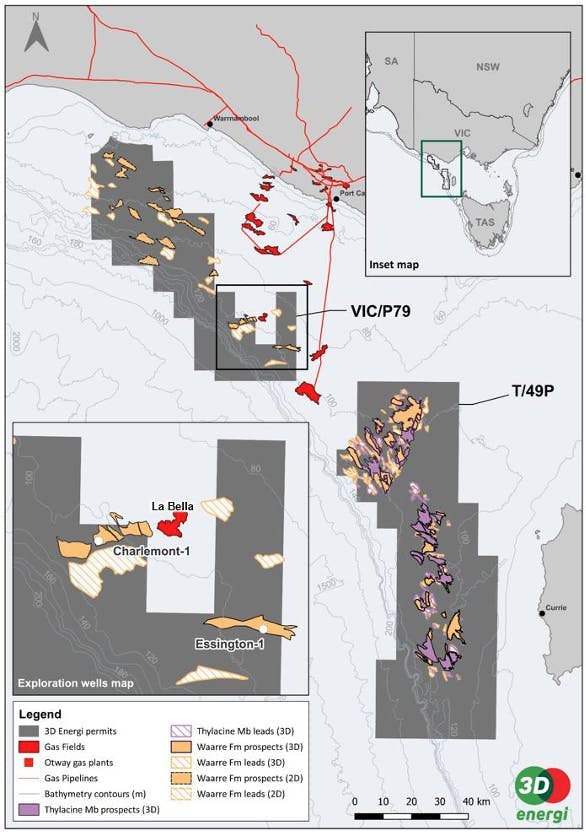 Map of VIC/P79 and T/49P exploration permits with the Charlemont-1 well location Map of VIC/P79 and T/49P exploration permits with the Charlemont-1 well location