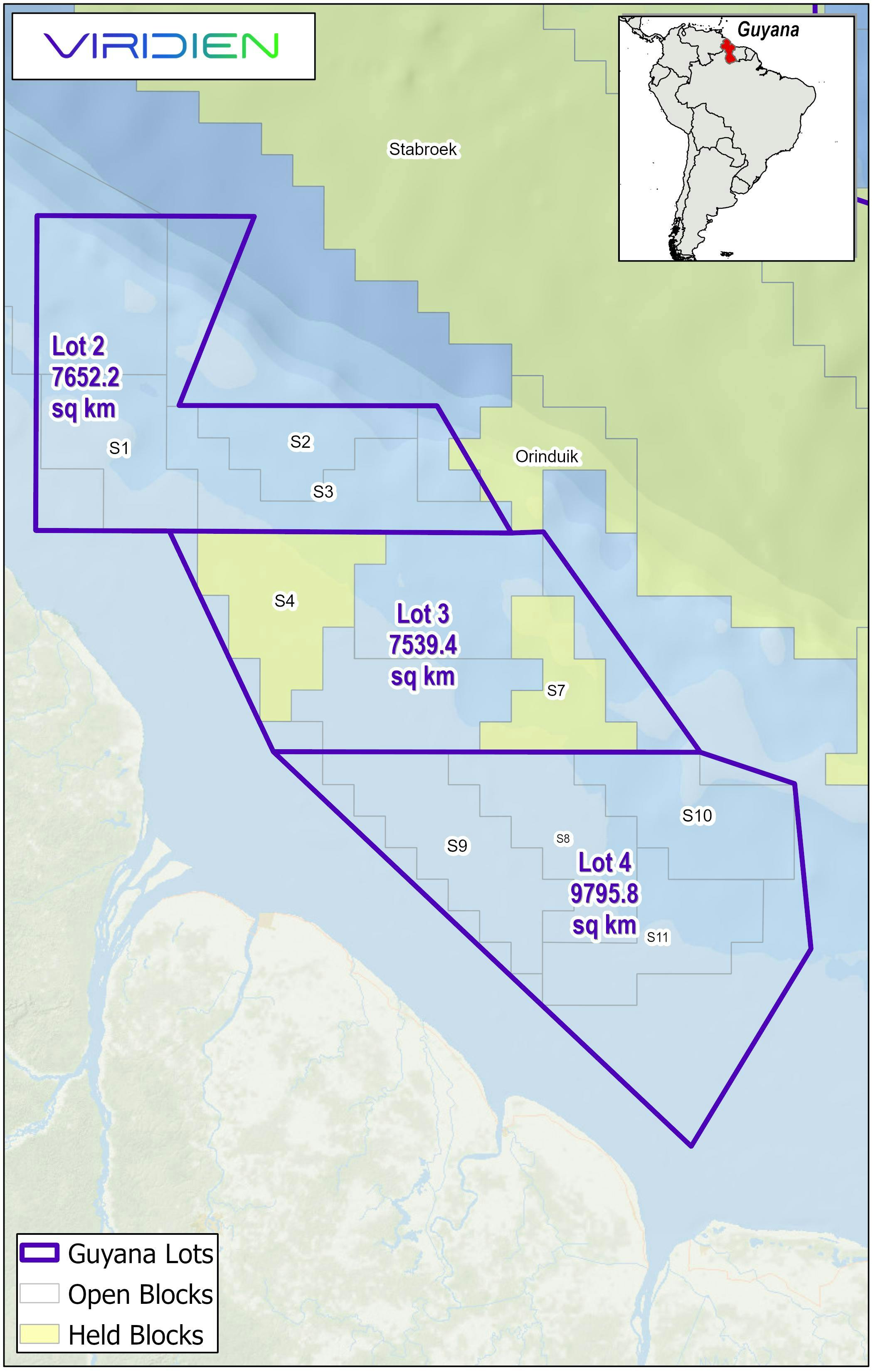Viridien's map of Guyana lots and open blocks Viridien's map of Guyana lots and open blocks