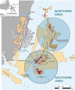 Map of the Kutei basin highlighting Geng North and the Northern Hub development area offshore Indonesia. Map of the Kutei basin highlighting Geng North and the Northern Hub development area offshore Indonesia.