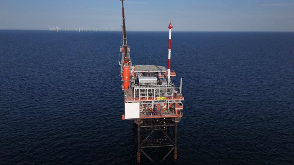 Platform N05-A with the Riffgat wind farm in the background