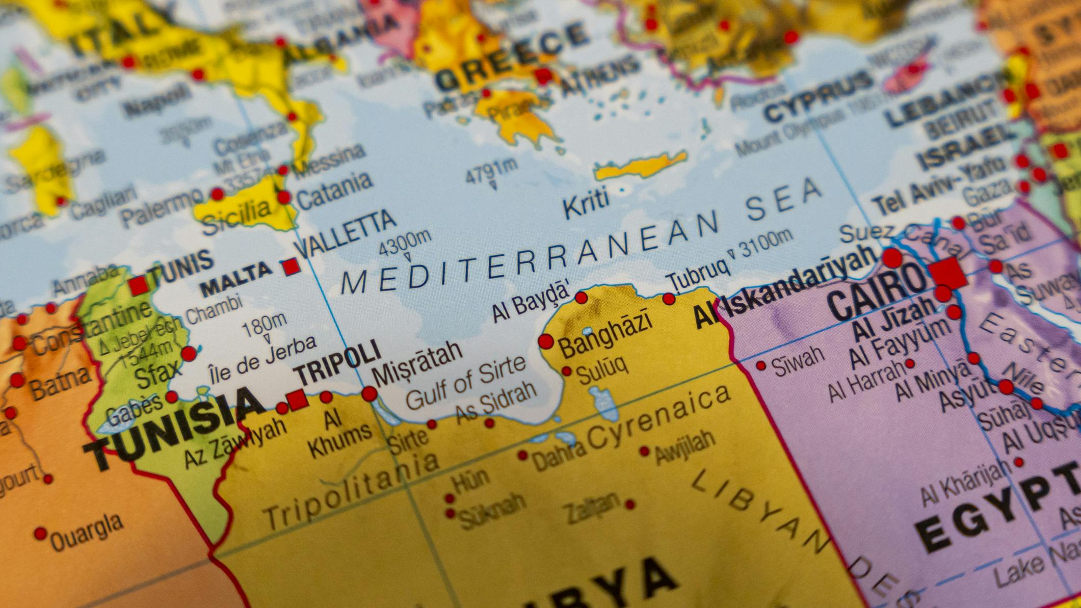Map of Mediterranean Sea, Greece and Libya