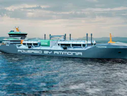 NoGAPS ammonia-powered vessel concept: A modern ammonia-fueled gas carrier featuring large fuel storage tanks NoGAPS ammonia-powered vessel concept: A modern ammonia-fueled gas carrier featuring large fuel storage tanks
