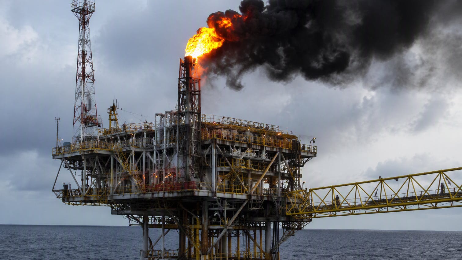 An AI-generated illustration depicts an offshore platform fire. The image is for illustrative purposes only and is not a photograph of the West Lutong Vent A platform or the June 2026 incident.