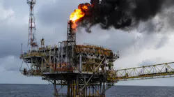 An AI-generated illustration depicts an offshore platform fire. The image is for illustrative purposes only and is not a photograph of the West Lutong Vent A platform or the June 2026 incident.
