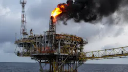 An AI-generated illustration depicts an offshore platform fire. The image is for illustrative purposes only and is not a photograph of the West Lutong Vent A platform or the June 2026 incident. An AI-generated illustration depicts an offshore platform fire. The image is for illustrative purposes only and is not a photograph of the West Lutong Vent A platform or the June 2026 incident.