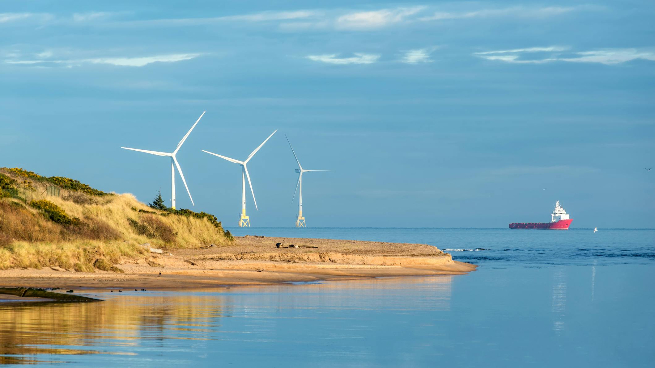 Offshore wind turbine farm on Scotland coast of Aberdeen