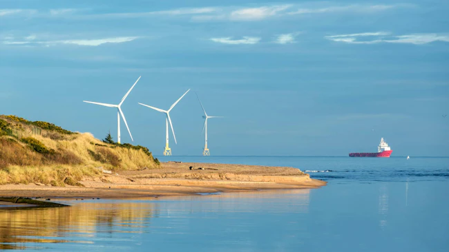 Offshore wind turbine farm on Scotland coast of Aberdeen
