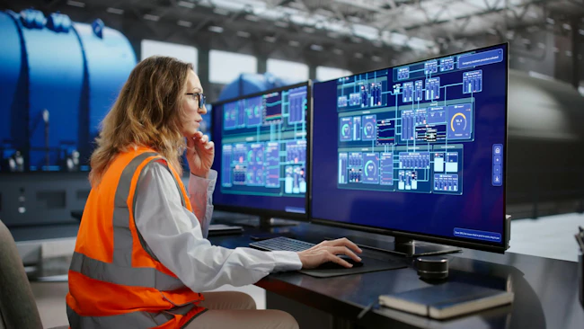 Female Engineer Monitors SCADA System In Oil And Gas Plant