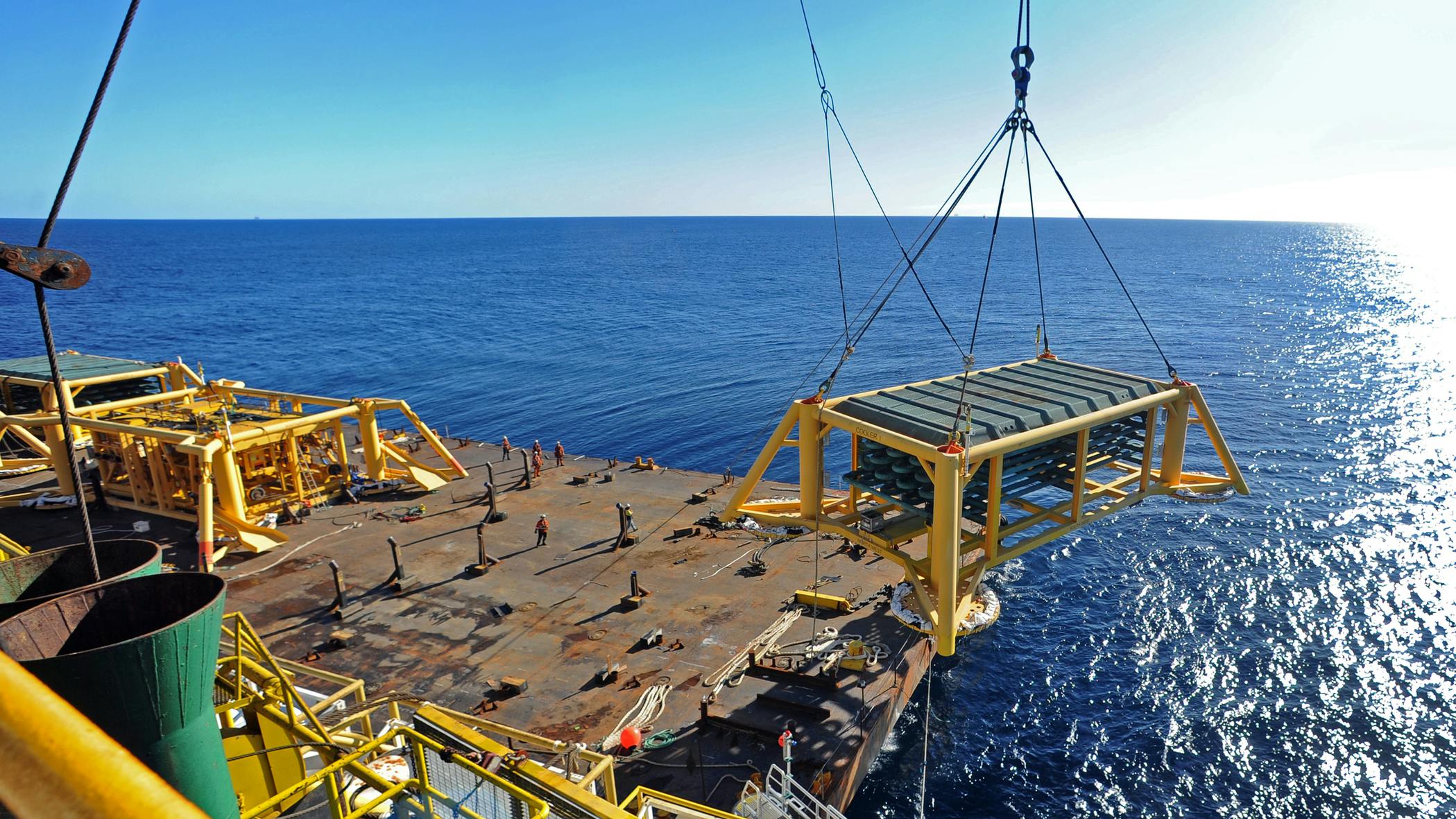 subsea module is lowered into Bass Strait Victoria during construction of an offshore platform