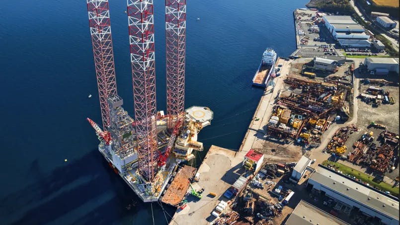 Noble Interceptor jackup rig pictured dockside