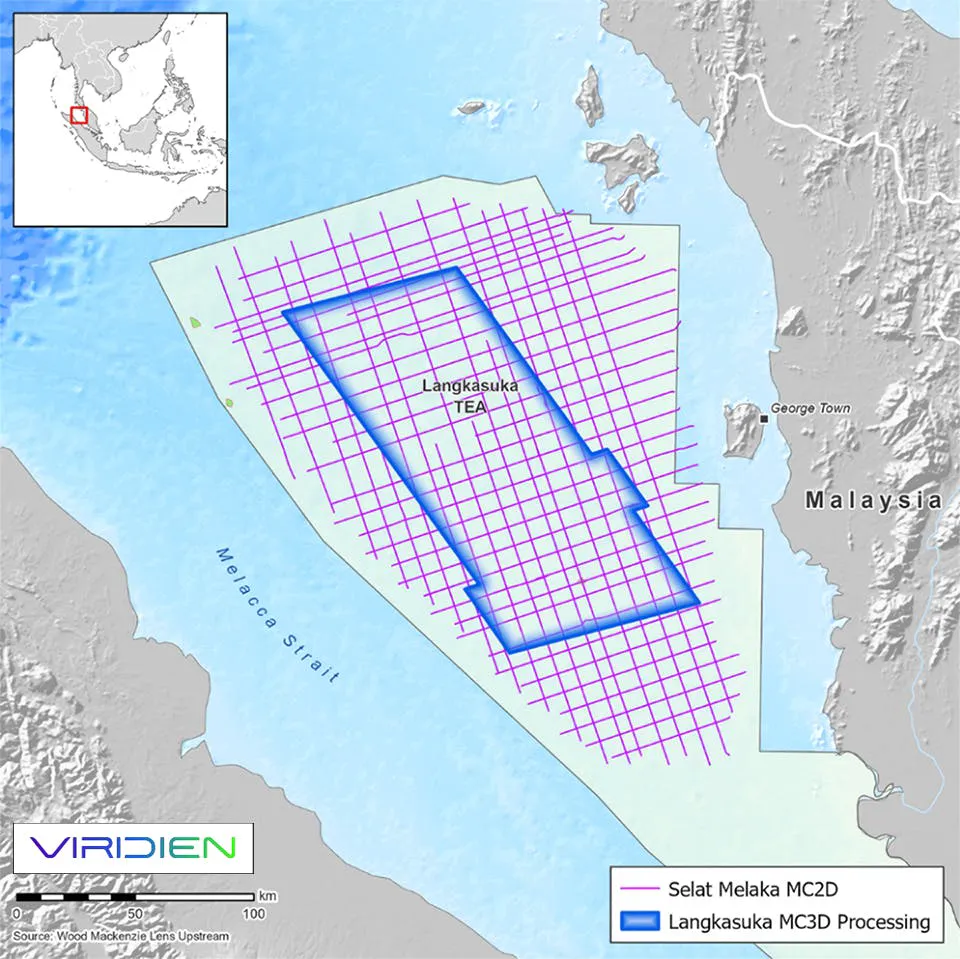 Map of Viridien's Langkasuka 3D hybrid multi-client seismic survey area in the Malacca Strait offshore western Peninsular Malaysia