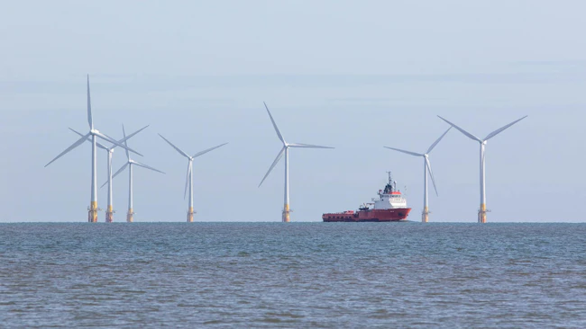 An offshore support vessel transits through a wind farm installation